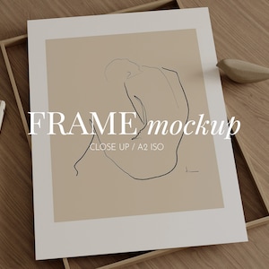 Model met platliggend frame, close-up framemodel, Japandi framemodel, A2 ISO, DIN A, eiken houten framemodel, één framemodel, Wabi sabi-mockup