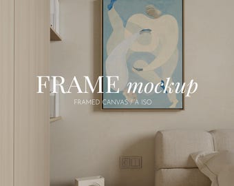 Framed Canvas  mockup in minimalistic home interior, PSD template ISO A frame mockup, Floating canvas Wall art mockup, Bedroom frame mockup