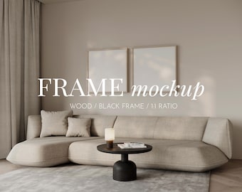 Two square  frame mockup in neutral tones living room,1:1 RATIO frame mockup,Wall art mockup,PSD template mockup for arts and prints