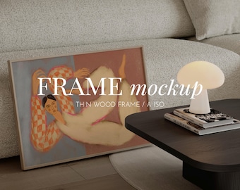 Horizontal Frame Mockup for Art Display,Thin wood frame (PSD, JPG)
