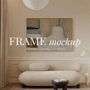 Landskapsmodell av canvasram i Japandi-vardagsrum, modern horisontell väggkonstmodell PSD