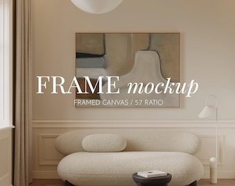 Landscape canvas frame mockup in Japandi  Living room, 7:5 Modern Horizontal  Wall art mockup  (PSD&JPG)