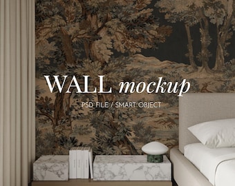 May include: A wall mockup featuring a dark forest landscape wallpaper with brown and black trees. The text reads WALL mockup PSD FILE / SMART OBJECT. A white marble shelf holds books and a mushroom-shaped lamp next to a beige bed with pillows.