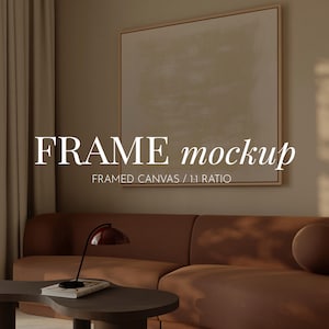 Square canvas frame mockup in Living room, Canvas Square 1:1 frame mockup, Framed canvas Wall art mockup, Canvas art mockup PSD