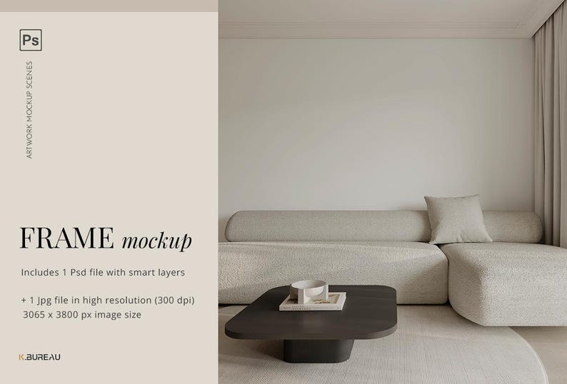 May include: A mockup of a frame hanging on a wall in a living room. The frame is empty and ready for your artwork. The room is decorated in a minimalist style with a light gray sofa, a coffee table, and a rug.