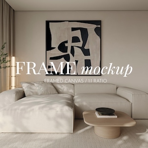 Quadratischer Leinwandrahmen im Wohnzimmer, 1: 1-Rahmenmockup, gerahmte Leinwand Wandkunstmodell, Leinwandkunstmodell PSD