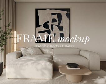 Square canvas frame mockup in Living room, Canvas Square 1:1 frame mockup, Framed canvas Wall art mockup, Canvas art mockup PSD