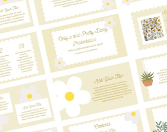 Pode incluir: Um modelo de apresentação com um tema de margarida. O modelo apresenta um fundo amarelo com margaridas brancas e uma sobreposição de texto dourado. O texto inclui o título "Apresentação única e bonita de margaridas" e a frase "Sobre o que é esta apresentação?" O modelo é projetado para uso em um ambiente profissional ou pessoal.