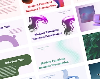 Puede incluir: Una plantilla de presentación con un tema moderno y futurista. La plantilla presenta una variedad de formas y colores abstractos, incluidos el morado, el rosa, el azul y el verde. El texto "Presentación de negocios moderna y futurista" se muestra en una fuente en negrita y sin serifas.