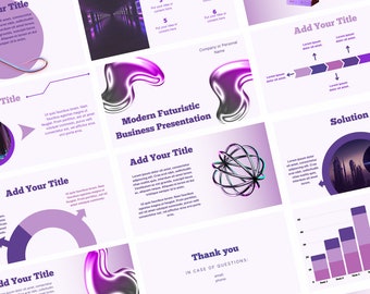Pode incluir: Um modelo de apresentação de negócios moderno com um tema futurista. Os slides apresentam um esquema de cores roxo e preto com formas geométricas e texto. O slide de título diz "Apresentação de negócios futurista moderna".