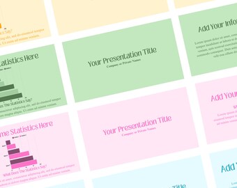 Puede incluir: Una plantilla de presentación con fondo verde, rosa y azul. El texto "Your Presentation Title" se muestra en blanco en cada diapositiva. El texto "Company or Private Names" se muestra en blanco debajo del título. El texto "Add Your Info" se muestra en blanco sobre un fondo verde. El texto "Add Your" se muestra en blanco sobre un fondo rosa. El texto "Add" se muestra en blanco sobre un fondo azul. El texto "What Does The Statistics Say?" se muestra en blanco sobre un fondo rosa. El texto "Add Some Statistics Here" se muestra en blanco sobre un fondo verde. El texto "Statistics Here" se muestra en blanco sobre un fondo verde. El texto "Some Statistics Here" se muestra en blanco sobre un fondo rosa. El texto "Cordu Templates" se muestra en rosa sobre un fondo amarillo.