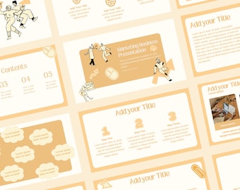 May include: A set of presentation slides with a light orange background and illustrations of light bulbs, computers, and people. The slides include the text "Cordy Templates", "Marketing Business Presentation", "Contents", "Add your Title", and "Step One", "Step Two", and "Step Three".