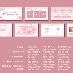 Complete list of all the slides in the Coquette AestheticPowerPoint Template / CanvaTemplate.