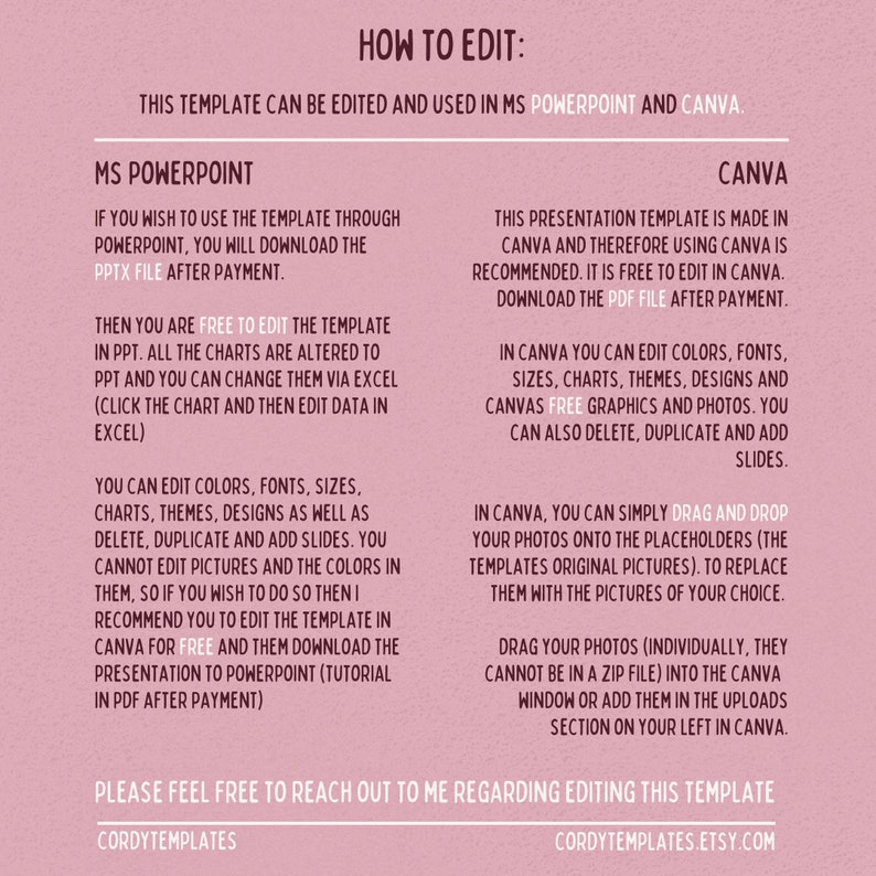 This is your guide and some key information regarding how to edit this Coquette Aesthetic PowerPoint Template / Canva Template as well as every other template in my shop! Feel free to reach out to me with questions. Thank you!