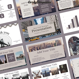 Op de afbeelding: Een presentatie sjabloon met een New York City thema. De sjabloon bevat afbeeldingen van de Brooklyn Bridge, het Empire State Building en de skyline van de stad. De tekst "New York Business Presentation" wordt weergegeven in een bruine doos met een witte rand. De tekst "Company or Private Name" wordt onder de titel weergegeven.