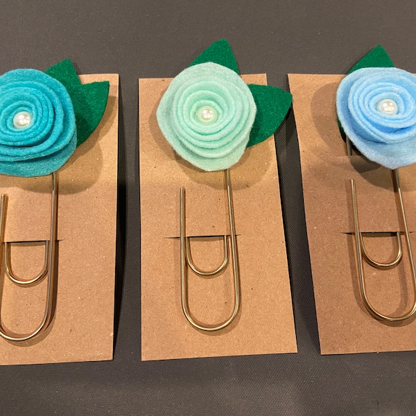 Set of 3 Giant Paper Clip Bookmarks with Felt Flower, Planner Bookmark, Book Lover Gift - BLUE SET