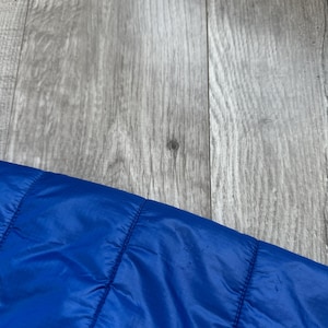 May include: Close-up of a section of a bright blue quilted jacket. The jacket has a shiny, smooth texture and is stitched with horizontal lines. The background is a gray wooden surface.