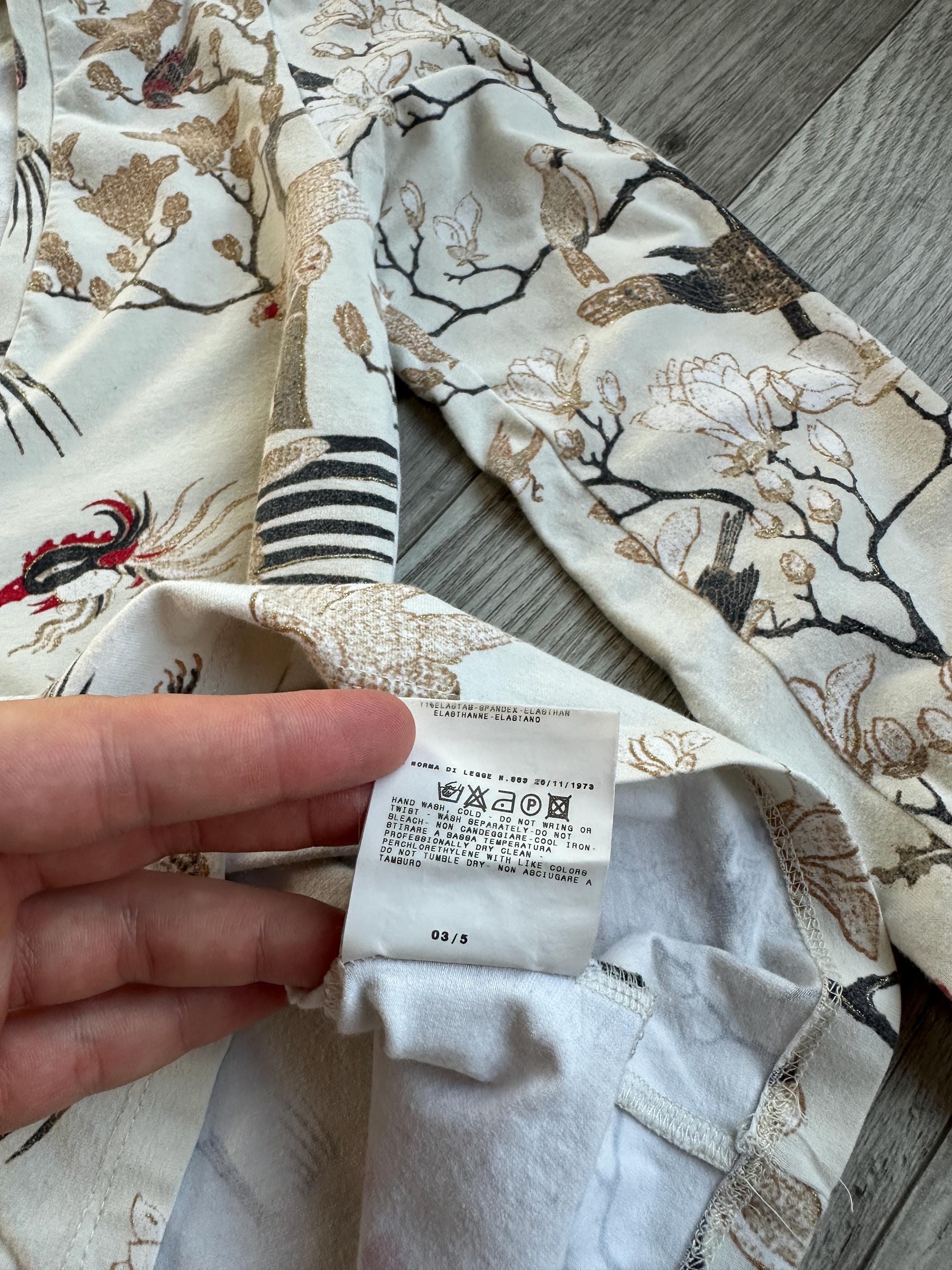 Just Cavalli Bird Floral Japanese V-neck Cotton Longsleeve T Shirt