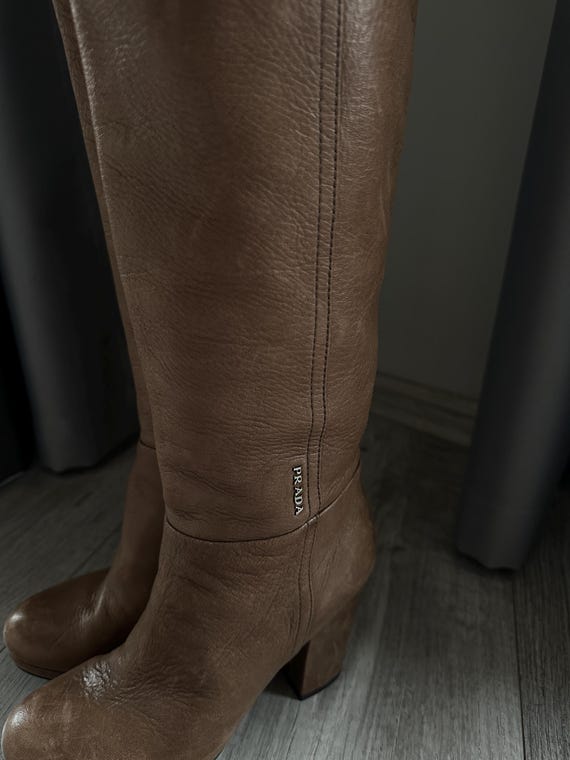 Prada Vintage Logo Brown Women's Leather High Boots Shoes - Etsy