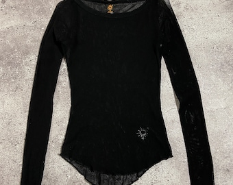 Jean Paul Gaultier vintage, siateczkowa, czarna, z długim rękawem i logo