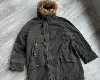 Maison Margiela Bardzo Rzadka Kurtka Wojskowa N-3B Parka z Ocieplanym Kapturem z Futra z Oliwkowego Dżinsu