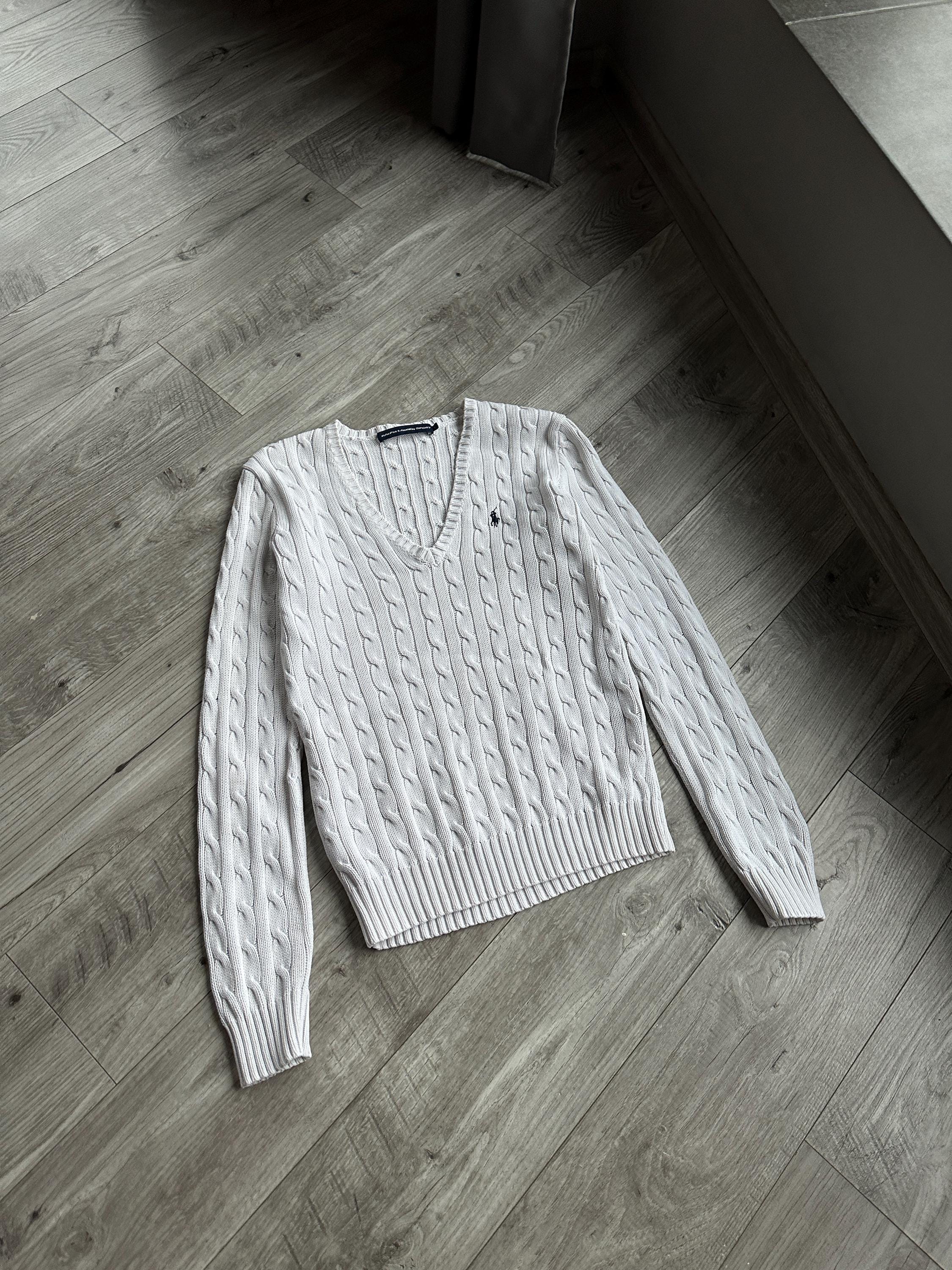 Vintage Polo Ralph Lauren White V-neck Cable Knit Sweater Women