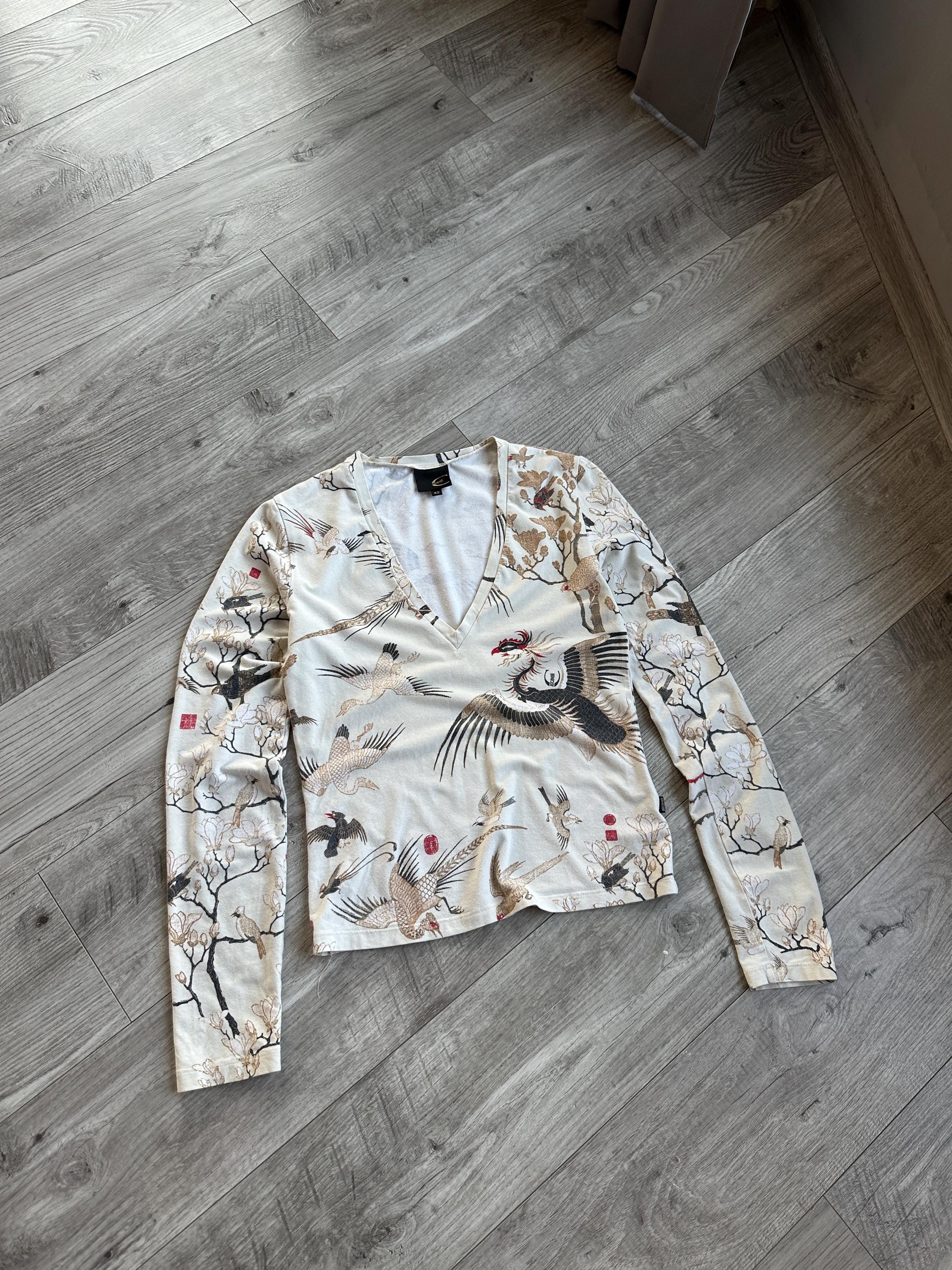 Just Cavalli Bird Floral Japanese V-neck Cotton Longsleeve T Shirt