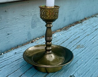 Vintage Brass Candleholder W/ Hollow Cage Cut Outs; Brass Candlestick Holder; Wide Circle Dish Base Brass Candleholder; Unique Brass Decor;