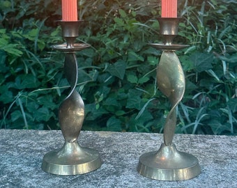 Vintage Pair of Twist Brass Candlestick Holders; Unique Brass Candlestick Holders; Twisted Brass; Brass Decor; Mantle Decor