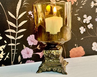 Vintage Amber Votive Holder On Ornate Brass Stand; Unique Brass Decor; Tealight holder; Lighting; Vintage Home Decor