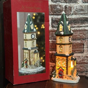 St. Nicholas Square  1998 Village Collection “Clock Tower”;  Lighted Christmas Village; Town Clock; Collectible Village Accessory;