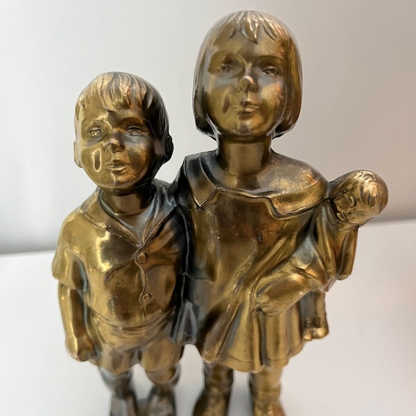 Vintage Bronze Metal Boy & Girl Statue, Brass Colors, Gold Toned Decor, Mothers Day Gift, Shelf Decor