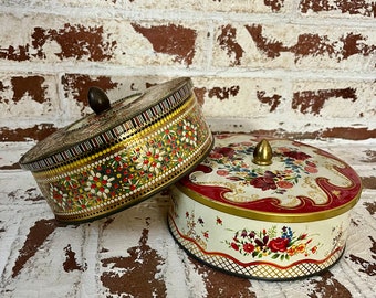 Pair of Vintage Daher Embossed Mosaic Tins, Yellow Red Roses, Gold Knob, Colorful Mosaic Pattern, Decorative Storage Tins