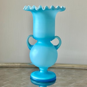 Vintage 8&#39;&#39; Art Glass Vase; Blue Cased Glass White Inlay; Ruffled Edge; Applied Handles; Blue Collectable Blown Glass; Fenton style Vase