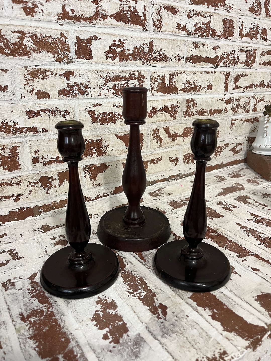 Vintage Mahogany Candlestick Trio, Turned Wood Candle Holders ...