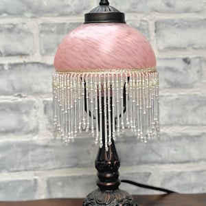 Vintage Victorian Boudoir Table Lamp; Pink Frosted Glass Shade; Beaded Fringe; Antique Bedside Lamp; Accent Lighting