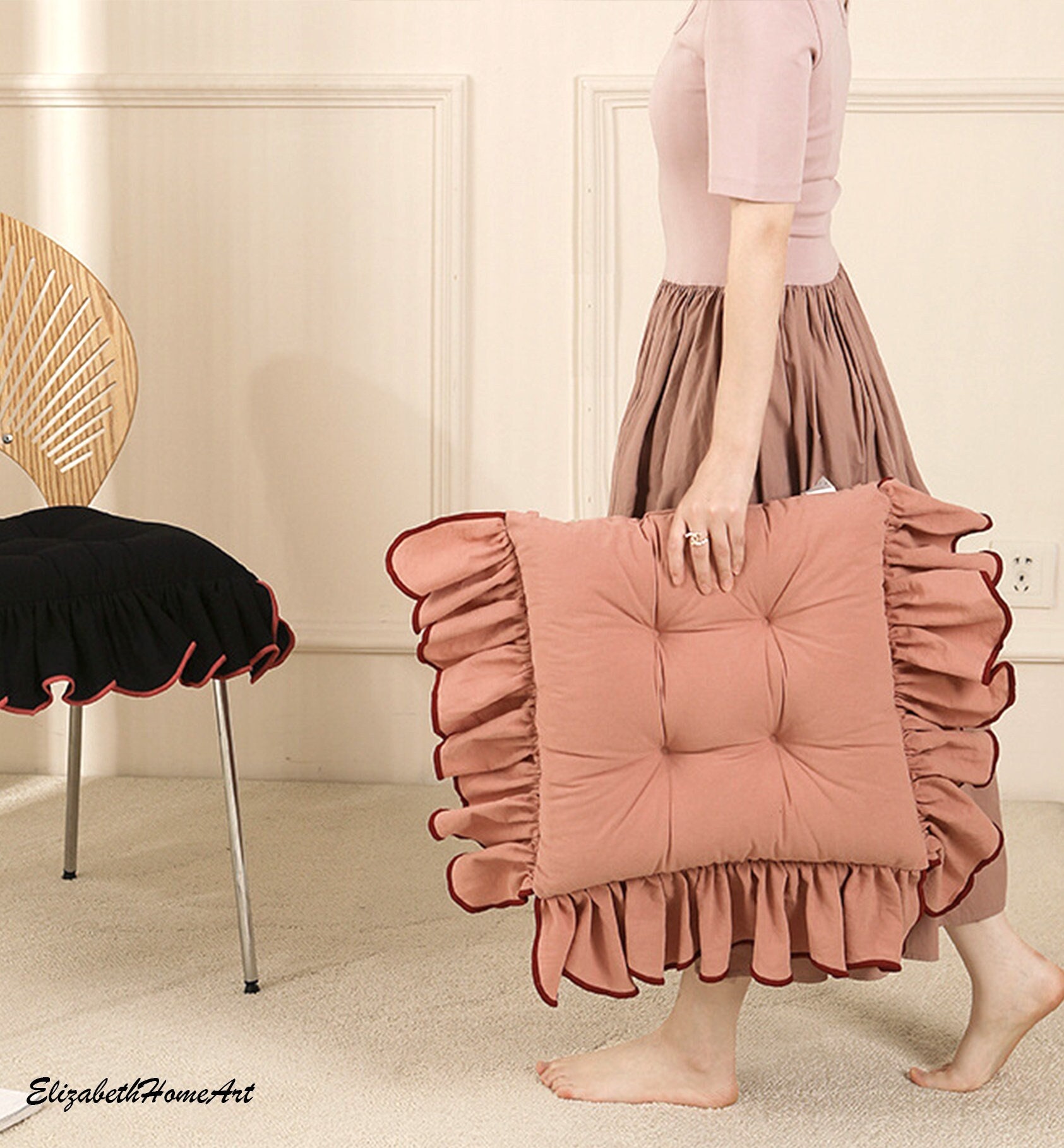 soft simple French style lotus leaf frill dining chair cushion