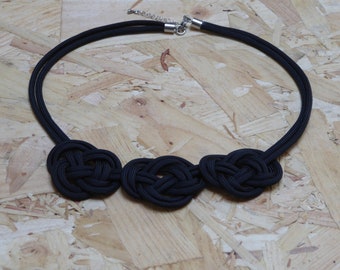 Black Knotted Statement Necklace: Modern Macrame Fiber Bib Collar
