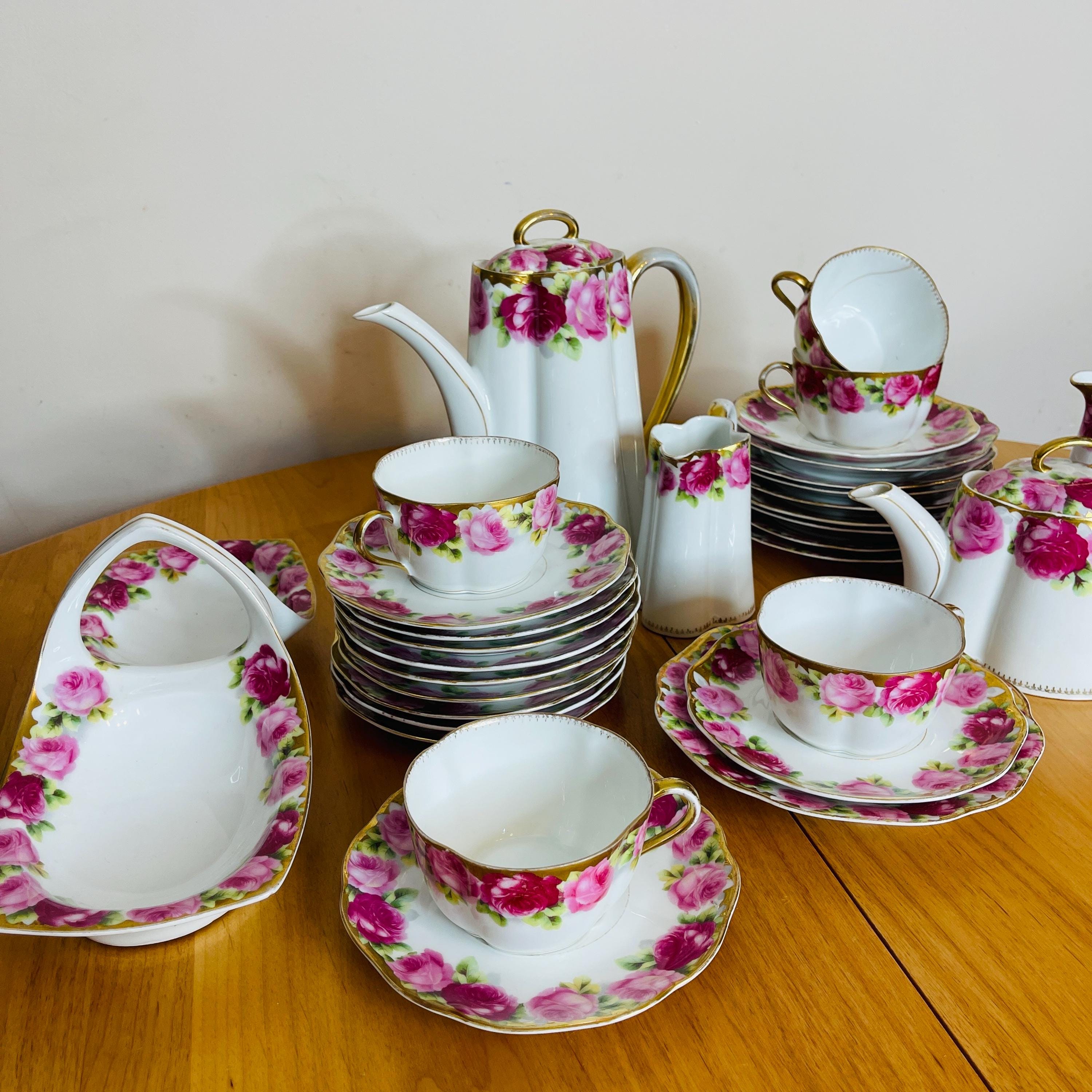Antique Rosenthal Tea Set: Chrysantheme Cäcilie, Pink Roses, Gold