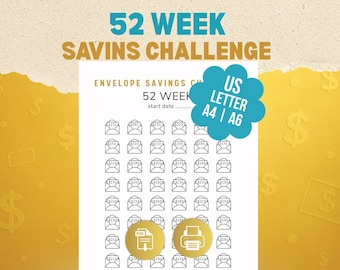 52 Week Savings Challenge Printable | Money Tracker (A4, A6, US Letter) (Digital Download)