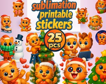 3D Christmas Cat Sublimation PNG Bundle | 25 Kawaii Holiday Cat Stickers Clipart | Xmas Kitty Images for Cards & Mugs