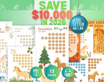 Save 10K in 2026 — 12-Month Horse Savings Book | A4, A6 & US Letter PDF | Color Printables +  Save 2026 in 2026