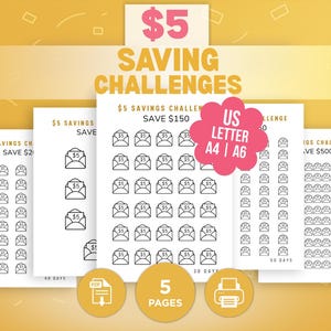 Puede incluir: Retos de ahorro imprimibles de 5 € con diseños de sobres y el símbolo €. Opciones para ahorrar 200 €, 150 € o 500 €. Disponibles en tamaños US Letter, A4 y A6. La imagen muestra 5 páginas.