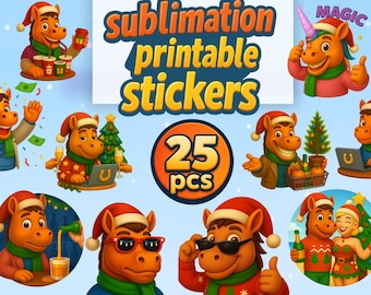 Holiday Horse 3D Christmas Sublimation Bundle | 25 PNG Stickers | Year of the Horse 2026 Clipart | Cute Cartoon Santa Horse Printable