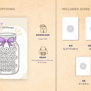 May include: A printable 31-day no-spend challenge, featuring a jar with a purple bow and numbered circles. Includes PDF download and print options. Available in A4 (21x29.7cm), US Letter (21.6x27.9cm), and A6 (10.5x14.8cm) sizes.