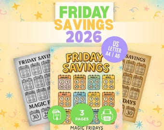 2026 Friday Savings Challenge | Printable Magic Fridays Tracker | 3 Designs (PNG + PDF)  |  A4, US Letter, A6