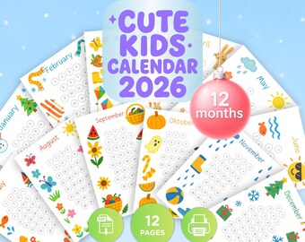 Cute Kids 2026 Calendar Printable | Crayon Style Children’s Wall Calendar | 12 Month PDF A4 US Letter A6