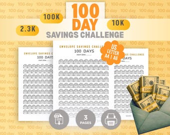 100 Day Savings Challenge | Save 2K 10K 100K |Printable 10K Money Tracker | Cash Envelope Challenge | A4 A6 US Letter