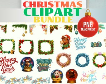 Christmas Clipart Bundle PNG – 100 Items, Wreath Frames, Garlands, Happy New Year 2026 Text, Horse Stickers, Snow Globes, Sublimation Design