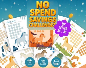 No-Spend Savings Challenge 2026 – HORSE Theme | 12 Printable Monthly Trackers | A4 • A6 • US Letter PDF | Budget Planner, Money Saved